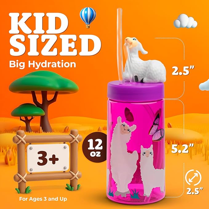 Kids Water Bottle, Toddler Cups, Tumbler with Lid and Straw, Travel Sippy Cup for Water or Milk, Kids Cups with Lids for Toddlers 3 and Up, BPA Free Plastic, 12 oz (Trend Zoo Llama)