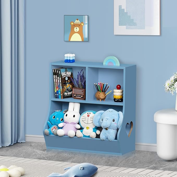 Lerliuo Baby Toddler Bookshelf and Storage Organizer, Kids Cabinet and Bookcase, Wooden 3 Cubby Children Book Shelf for Playroom, Bedroom, Nursery, School 23.62'' H (Blue)