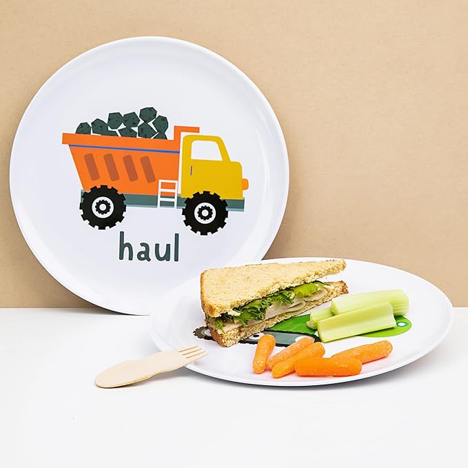 Tiny Expressions - Construction Plates for Toddlers - Set of 4 Melamine Plates for Kids - Excavator, Cement Mixer, Bulldozer, and Dump Truck - Fun Plastic Dinnerware for Kids