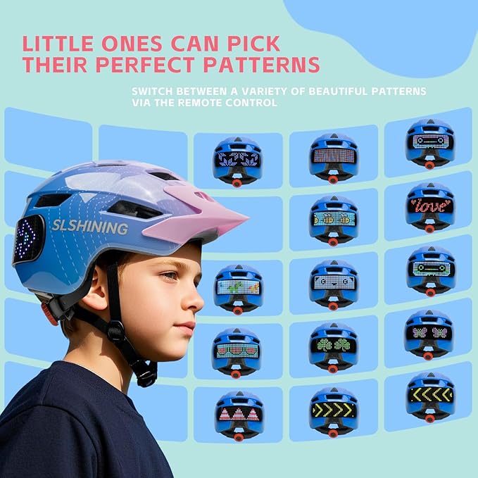 Kids Bike Helmet for Boys Girls: Helmets for Children and Adolescents 5-14 Years Old，64-Pattern LED Light Adjustable Kid Helmet Multi-Sport Protection