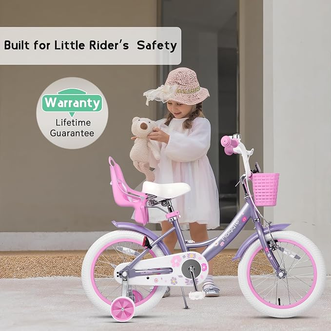 Glerc Maggie Girls Bike, 12-20 Inch Kids Bike for 2-13 Years Old Children, Princess Style Kids Bicycle with Doll-Seat & Basket & Training Wheels, Multiple Colors