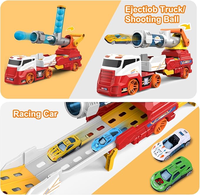 Dwi Dowellin Truck Toys for Kids, 28" Large Car Toys Include 4 Racing Cars+6 Ball, with Light & Sounds, Eejection&Shooting Transport Cars Toy, Gifts for Boys Girls-RED
