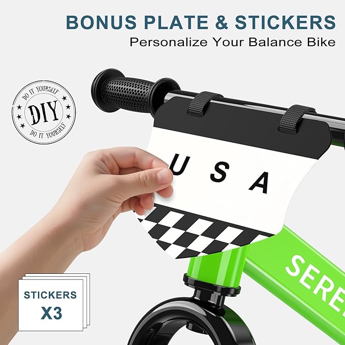 SEREED Toddler Balance Bike 2 Year Old, No Pedal Kids Toy Bike for 2-5 Years Old, Tool-Free Adjustment, Gift for 2-3 Boys Girls, Customize Plate with 3pcs Stickers (Green)