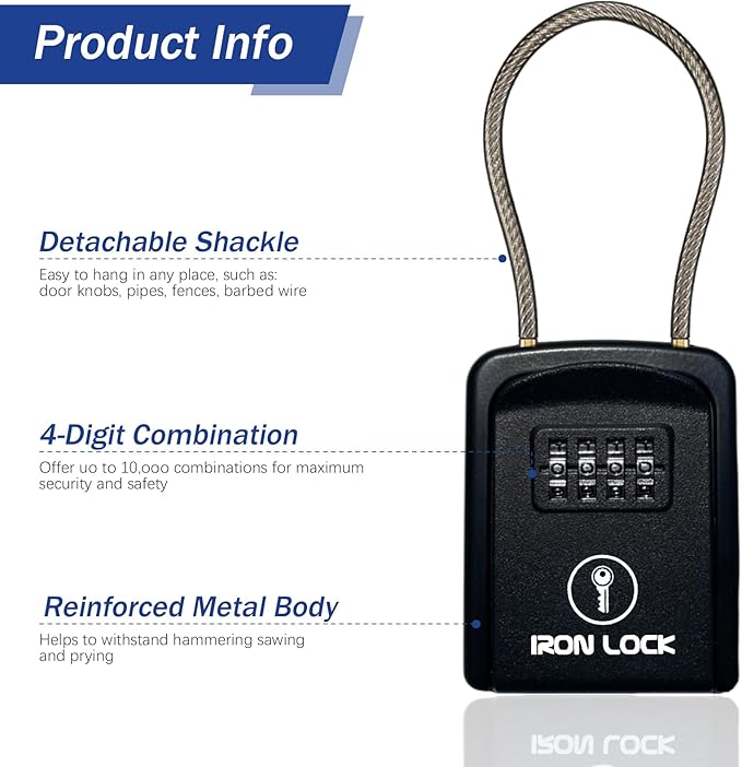 Iron Lock® Portable Key Lock Box with Removable Cable Shackle Indoor Outdoor Waterproof 4 Digit Combo Resettable Code with A B Switch Key Lockbox for Outside Spare Keys for Realtors (Small, Black)