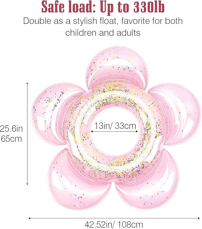 HeySplash Pool Floats for Adults, Large Floats Inflatable Floatie Loungers with Glitter, Swim Tube River Lake Wedding Bride Engagement Party Decor Toy Raft, Flower Bachelorette Fun Decor, Light Pink
