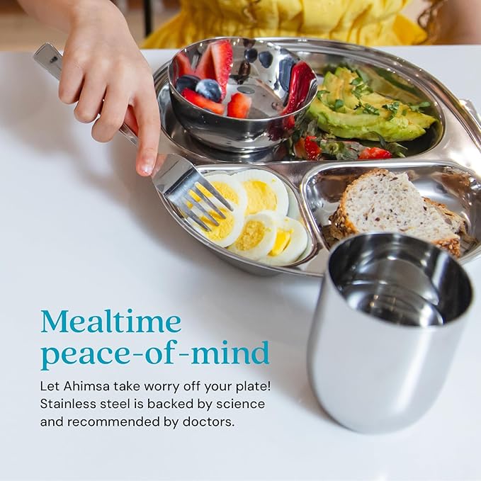 Ahimsa Stainless Steel Plates For Kids, Pediatrician Designed Divided Plates for Toddlers & Baby, Non Toxic, Unbreakable & Dishwasher Safe, Set of 4