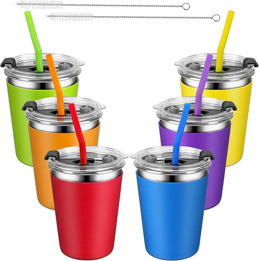 Kids Cups with Straws and Lids Leak Proof, 12oz Sippy Cups for Toddlers 1-3 No Spill, 6 Pack Spill Proof Cup Stainless Steel Kids Cup with Lids for School, Outdoor