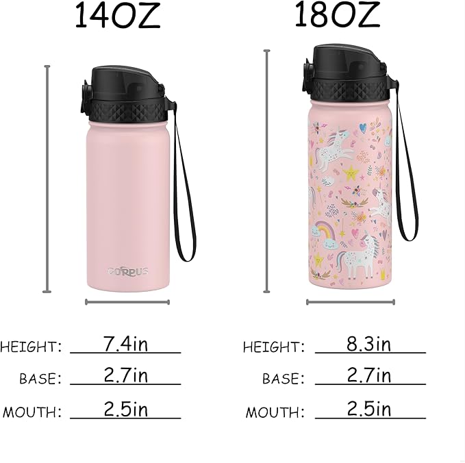 GOPPUS Kids Water Bottle (Straw Lid) - 18 Oz Stainless Steel Travel Bottle, Double Wall Vacuum Leak Proof Kids Cup for School Boys Girls,Unicorn Fields