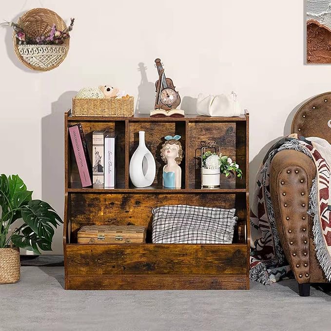 Lerliuo Kids Toy Storage Organizer, Children Small Bookcase and Bookshelf, Toddler 4 Cubby Toy Storage Cabinet, Toy Shelf for Playroom, Bedroom, Living Room, Nursery, School 29.53'' H (Brown)