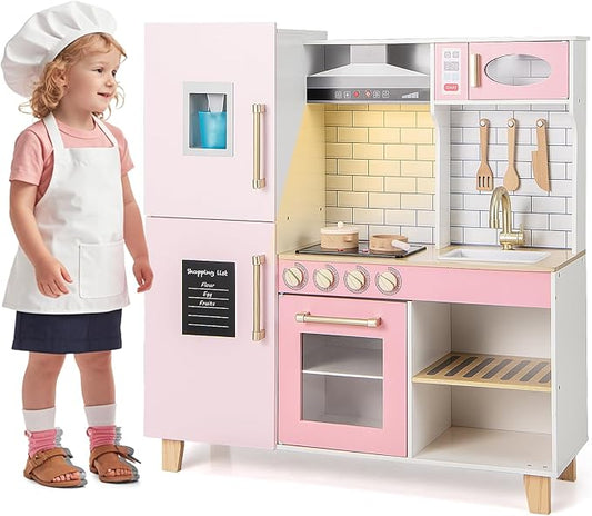 HONEY JOY Kids Kitchen Playset, Wooden Little Girls Toy Kitchen Set with Lights, Ice Maker, Cookware, Range Hood, Stove, Storage Cabinet, Blackboard, Pretend Play Kitchen for Toddlers, Pink