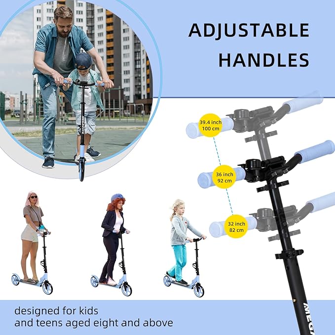 Foldable Kids Scooter with 8 inch Sturdy Wheels - Scooters for Kids, Teens, Adults Ages 8+, Adjustable Handlebar, Gift for Boys&Girls, 220lbs Max Load, Bearing ABEC7,Cup Holder