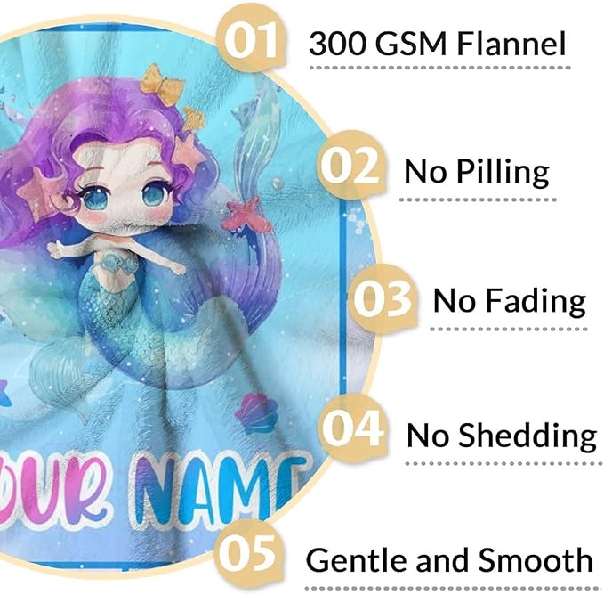 Personalized Mermaid Blanket with Name - Soft, Fuzzy & Warm - 40"x50" Small Blanket for Couch, Sofa - Blue Cute Throw Gifts for Girls