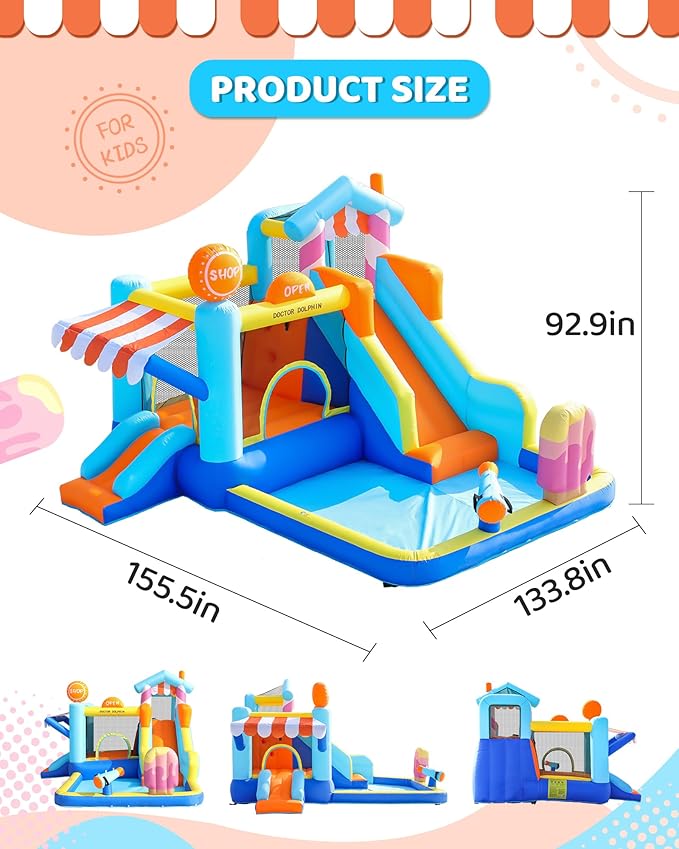 Doctor Dolphin Inflatable Bounce House with Slide and Blower for Kids, Double Slide Jumping Inflatable Bouncer Blow Up Bouncy Castle with Ball Pit for Indoors and Outdoors