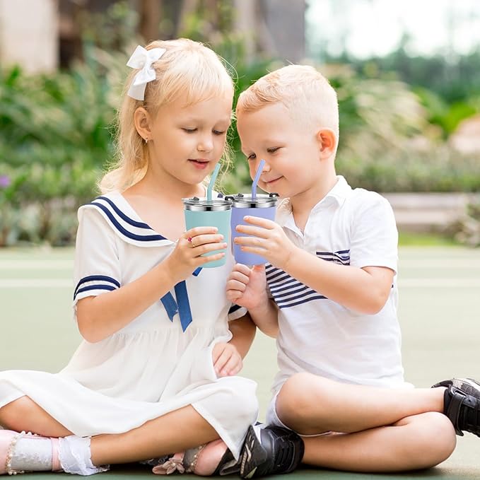 Kids Cups with Straws and Lids Leak Proof, 12oz Sippy Cups for Toddlers 1-3 No Spill, Spill Proof Cup Stainless Steel Kids Cup with Lids for School, Outdoor, 4 Pack