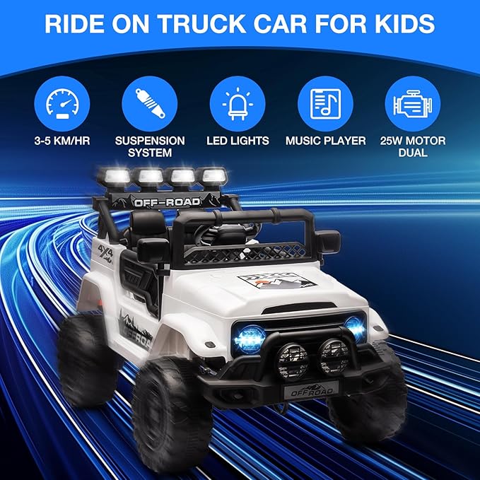 Ride On Truck Car 12V, Electric Vehicle w/Remote Control, 3 Speeds, LED Lights, Music, Spring Suspension, Ride on Car for Kids