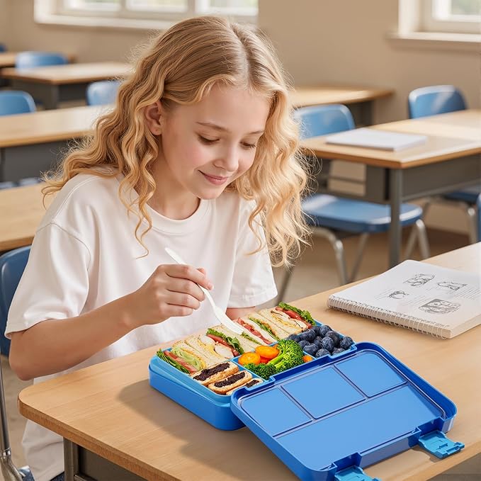Bento Lunch Box for Kids, 4 Compartments Kids Leak Proof Bento Lunch Boxes Food Containers for School, Travel, On-the-Go Meal, Food Grade, Microwave, Dishwasher Safe, Pure Blue