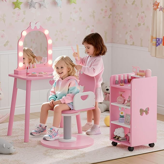 Kids Vanity Set with Light and Barber Chair, Pink Makeup Dressing Vanity Table with Storage Shelf and Hair Salon Play Set 7 pcs Accessories, Pretend Play Vanity Set for Toddler Girls