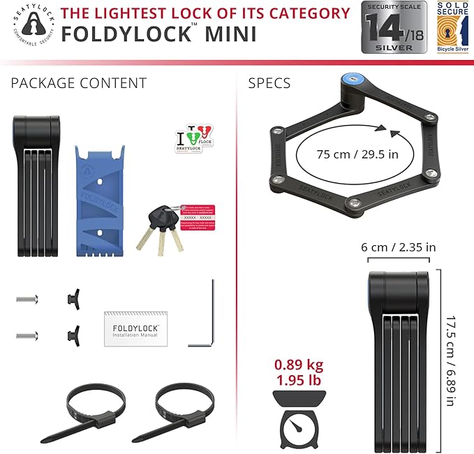 Seatylock FoldyLock Mini Folding Bike Lock - Patented Lightweight Bicycle Lock - Heavy Duty Anti Theft Guard with Key for Electric Scooter & City Bikes