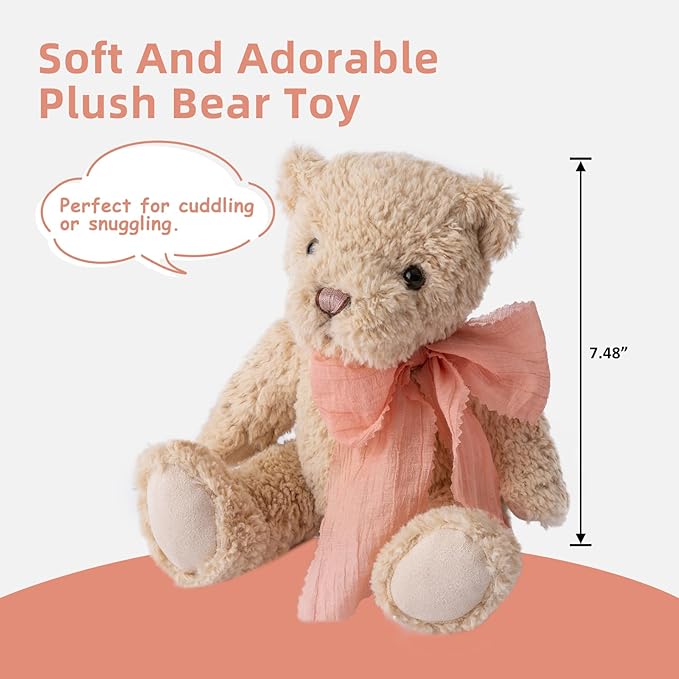 Plush Teddy Bear 7.5” Stuffed Animal Toy with Pink Bow, Plush Toys Soft Cuddly Fluffy Companion, Stuffed Bear Adorable Plushie Toys Ideal Gift for Girls, Boys