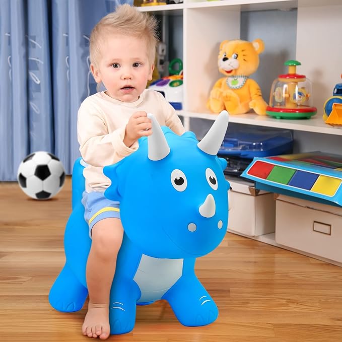 PlayZap Dinosaur Bouncy Horse Hopper, Bouncy Animals Hopper for Toddlers, Inflatable Jumping Ride on Dinosaur Triceratops Hopper, Kids Hopping Toys for 18M 2 3 Years Old Kids Boys Girls Gifts