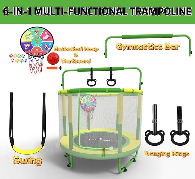 LANGXUN 60" Trampoline for Kids, 5ft Toddler Mini 6-in-1 Trampoline Indoor Outdoor with Swing, Basketball Hoop, Dart Board, Rings, Christmas Toys Birthday Gifts for Girls Boys