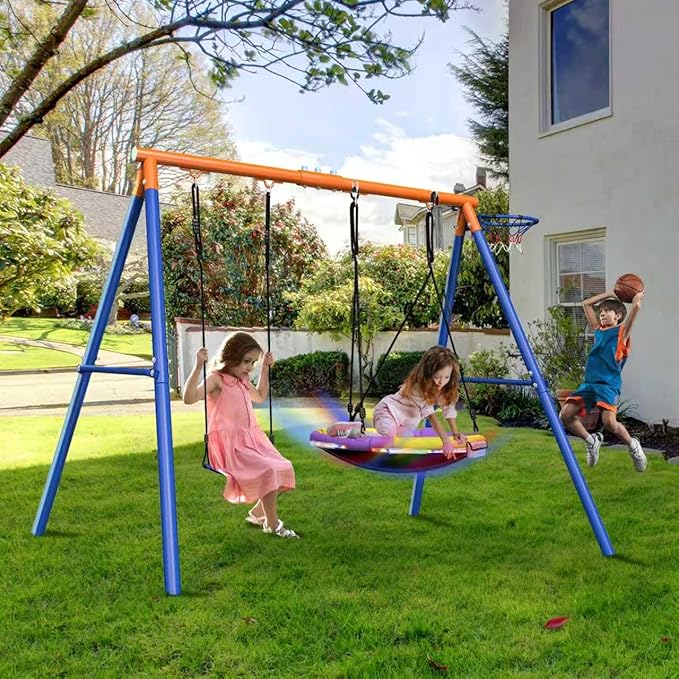 4-in-1 Swing Sets with Stand for Backyard, 440lbs Outdoor Saucer Swing Set for Kids, Heavy-Duty A-Frame Metal Playset for Playground, 32 inch Saucer, Belt Swing, Basketball Hoop, Led Light & Anchors