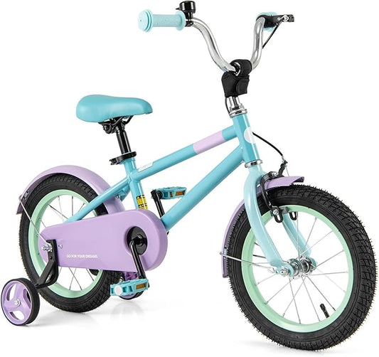 BABY JOY Colorful Macarons Kids Bike, 12 14 16 18 Inch Sporty Children's Bicycle with Training Wheels, Adjustable Handlebar & Saddle, Handbrake & Coaster Brake, Boys Girls Bike for 3-8 Years Old