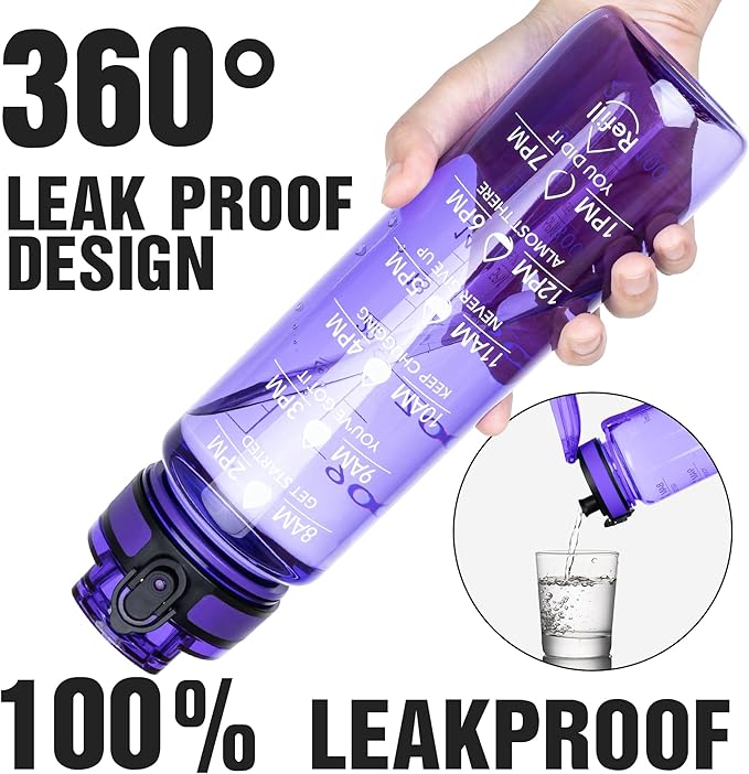 OLDLEY Water Bottle, 32oz Motivational Sports Water Bottle with Time Marker - Times to Drink - Tritan, BPA Free, Wide Mouth Leakproof, Deep Purple (1 Bottle)
