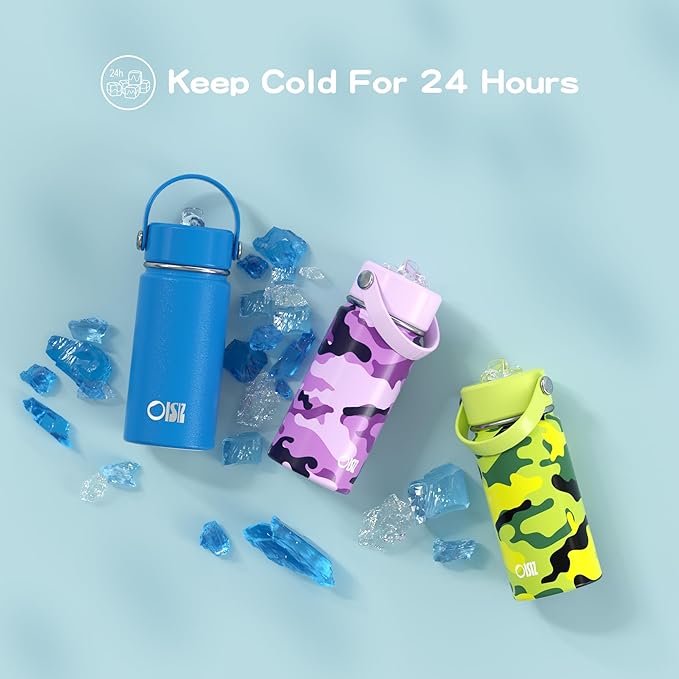 OISIZ Kids Water Bottle with Straw Lid 14oz, Vacuum Insulated 316 Stainless Steel Water Bottles for Kids for School, Leakproof Water Bottle, BPA Free and Keep Cold for 24 Hours,Ocean