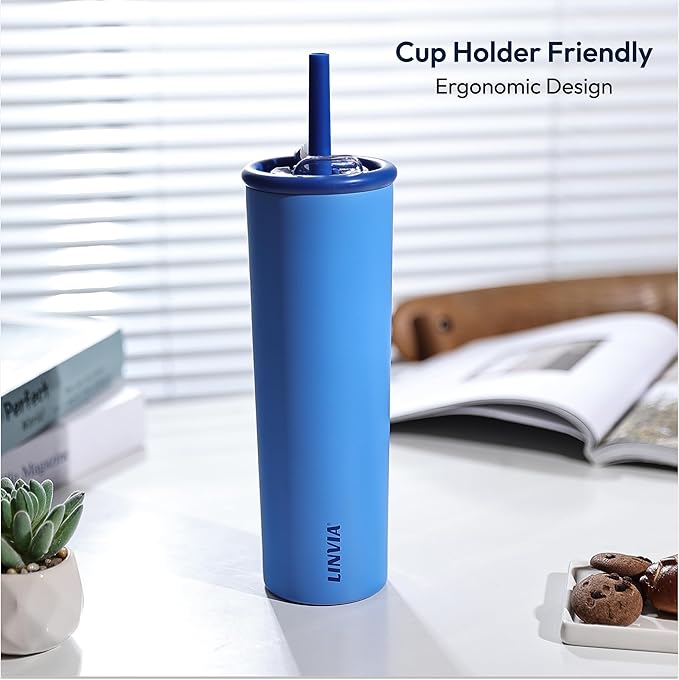 Candy Tumbler, 25 oz Kids Insulated Stainless Steel Water Bottle with Spill Resistant Silicone-Metal Straw and 2-in-1 Lid, BPA-Free, Cup Holder Friendly, Dishwasher Safe, Ocean Blue
