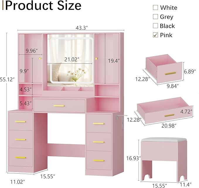 43'' Makeup Vanity with Mirror and Lights, Pink Vanity Desk with 7 Drawers & Charging Station, 3 Lighting Modes & Adjustable Brightness, Cushioned Stool, Dressing Table for Girls, Women, Teens