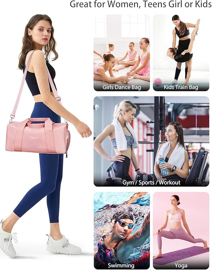 Compact Sports Gym Bag for Women Girls, Cute Mini Duffle Bag with Wet Pocket & Shoes Compartment, Personal Item Travel Workout Bag, 16"-Small, Pink