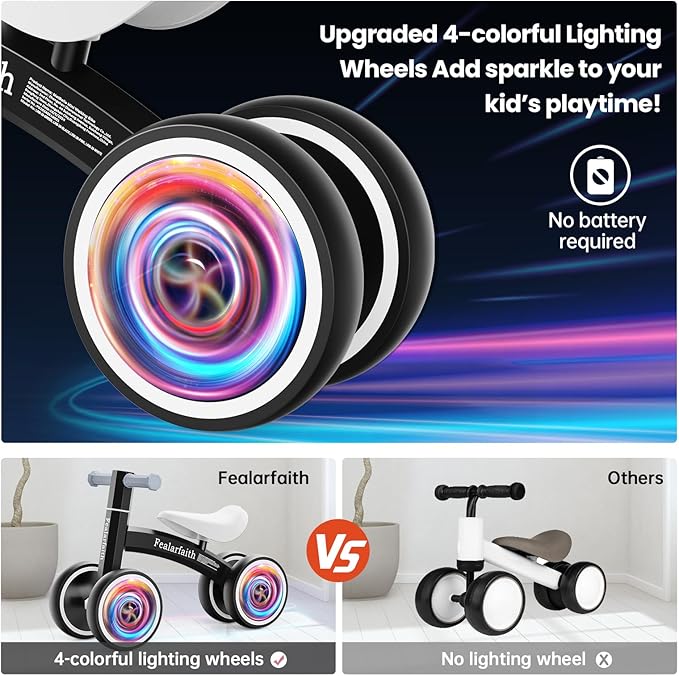 Baby Balance Bike for 1 Year Old Boys Girls, Toddler First Bike with 4 Colorful Lighting Wheels | 10-36 Month Toddler Balance Bike | First Birthday Gifts (Black)