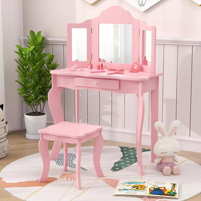 AKUSTIK Kids Vanity, 2 in 1 Wooden Dressing Table and Chair Set with Tri-Folding Mirror, Stool, Storage Drawer, Toddlers Pretend Princess Beauty Playset Toy for Girls