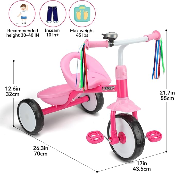 Liberry Toddler Tricycle Age 2 3 4 Years Old, Kids Trike with Light Up Wheels, Removable Pedal and Basket, 3 Wheel Bike Outdoor Indoor Riding Toy Gift for Girls Boys, Pink