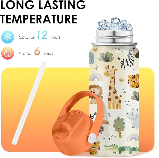 16oz Kids Wild Animal Water Bottle with Straw Lid, Stainless Steel Insulated Tumbler, Leakproof, BPA-Free, for Boys & Girls, Travel - Forest Friends Nature Lovers Birthday Gift Cup (1pc)