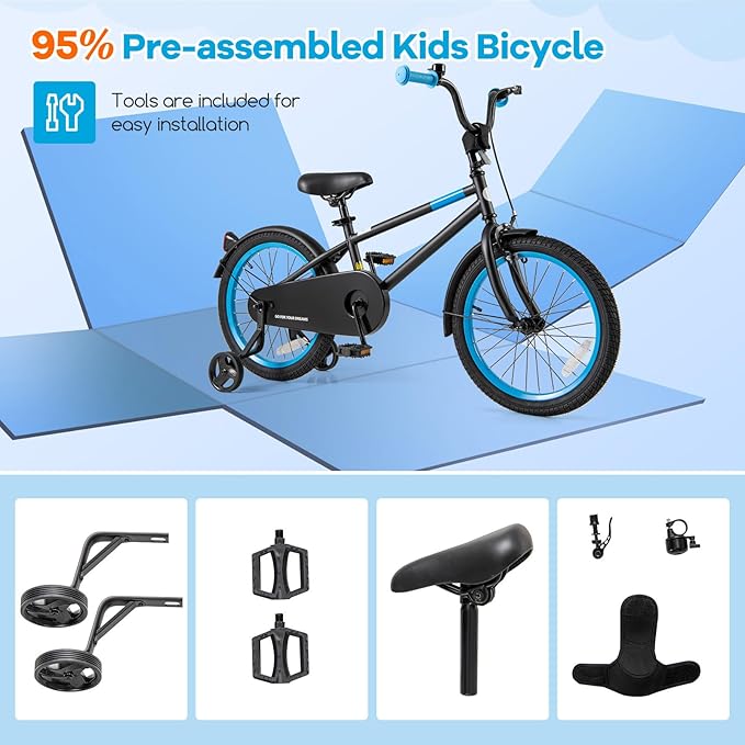 BABY JOY Colorful Macarons Kids Bike, 12 14 16 18 Inch Sporty Children's Bicycle with Training Wheels, Adjustable Handlebar & Saddle, Handbrake & Coaster Brake, Boys Girls Bike for 3-8 Years Old