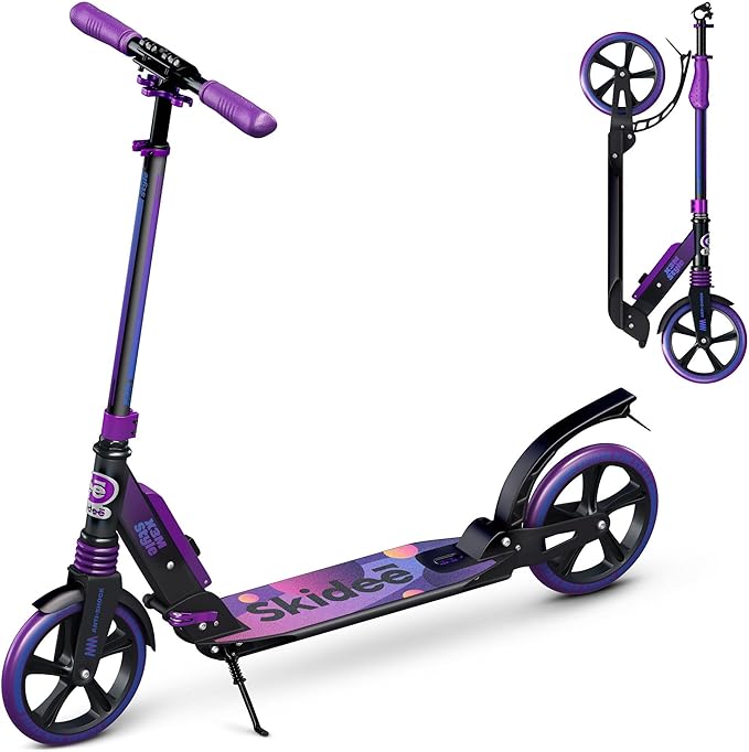 Skidee Adult & Teen Scooter Adjustable Height, Folding, Large Wheels, Lightweight, Durable, Anti-Shock Suspension, Up to 220 lbs