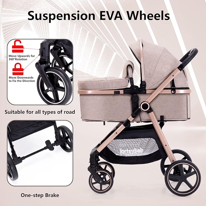 2-in-1 Baby Stroller - Folding Infant Newborn Pram Stroller with Reversible Seat - Toddler Strollers for 0-36 Months Old Babies (Beige)