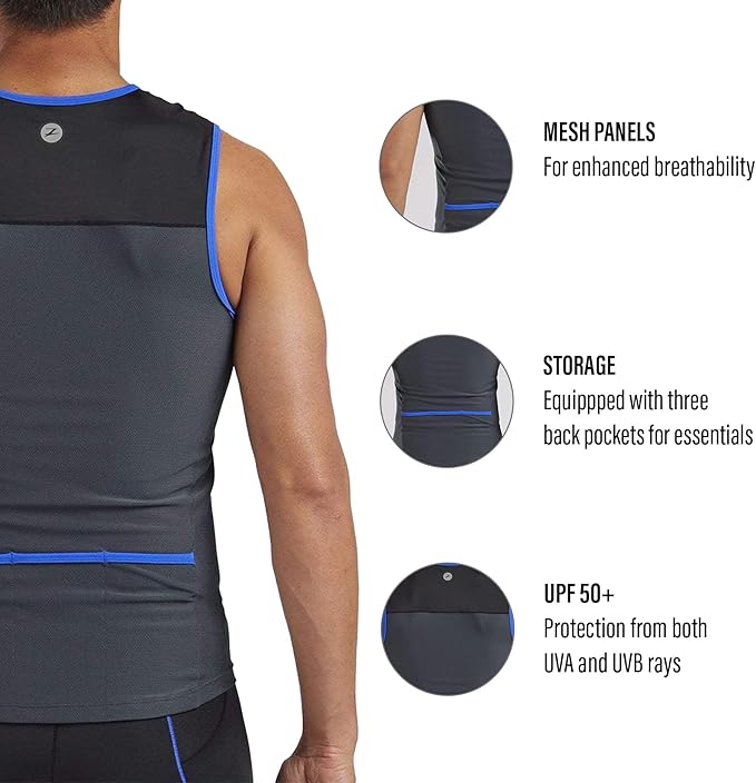 Zoot Men’s Core Tri Tank, Performance Triathlon Race Tank Top, UPF 50+ Fabric, Rear Pockets, Mesh Panels, & Cam Lock Zipper