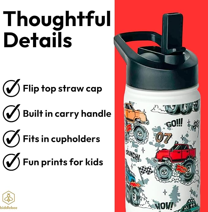 Biddlebee Kids Water Bottle with Straw Lid – 14oz Insulated Stainless Steel Bottle for School – Leakproof Cap with Handle & Touch-Free Spout – For Boys & Girls