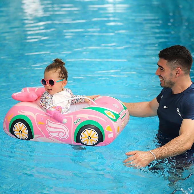 Swimbobo Toddler Pool Float Inflatable Car Baby Swim Float with Adjustable Sun Canopy and Safety Seat Pool Toys for Kids 3+ Years Old