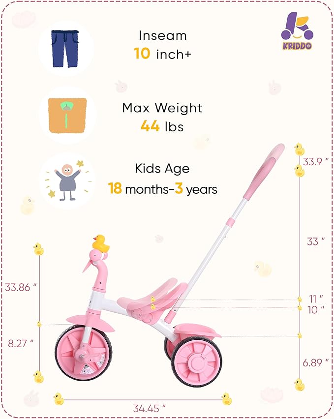 KRIDDO 2 in 1 Kids Tricycles Age 18 Month to 3 Years, EVA Wheels, Gift Toddler Tricycle, Trikes for Toddlers 2 to 3 Year Old with Push Handle, Duck Bell, Pink