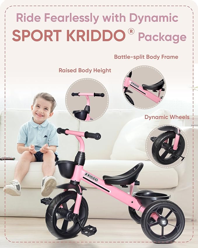 KRIDDO Kids Tricycles Age 24 Month to 4 Years, Toddler Kids Trike for 2.5 to 5 Year Old, Gift Toddler Tricycles for 2-4 Year Olds, Trikes for Toddlers, Sporty Styling, Pink
