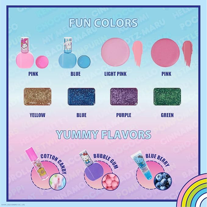 Hello Kitty & Friends Train Case Beauty Set, Kids Makeup Kit for Girls, Real Washable Makeup Set, Play Makeup, Party Favor, Birthday, Ages 3 4 5 6 7 8 9 10 11 12 by Townley Girl