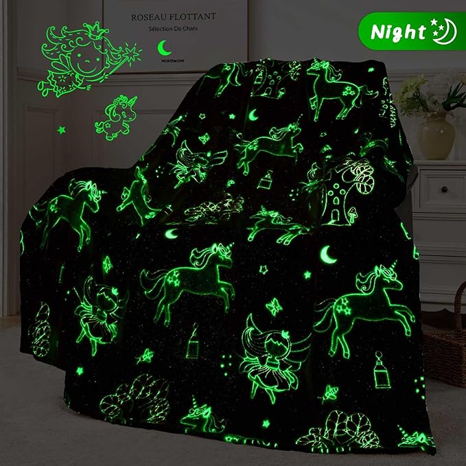 QSTEHEML Unicorns Glow in The Dark Blanket for Girls,Unicorns Gifts for Girls Age 3 4 5 6 7 8 9 10 11 12 Year Old, Soft Throw Blanket for Kids Girls- Christmas Birthday Bedroom Decor 50"×60"
