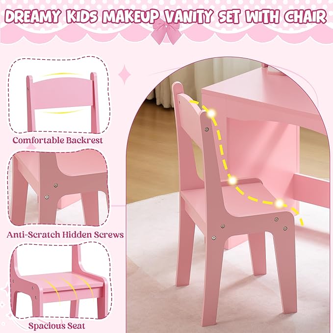 Kids Vanity Set with Lights, 2 in 1 Princess Makeup Vanity Desk with Jewelry Storage, Open Bookshelf, Storage Cabinet & Shelves for Little Girls (Pink)