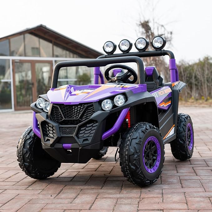24V 2-Seater Kids Ride-On UTV, 4WD Electric Car with Parent Remote Control, 4x200W Motor, LED Headlights & Searchlights, Bluetooth Music, Spring Suspension, 3-Speed Off-Road Toy Gift, Purple