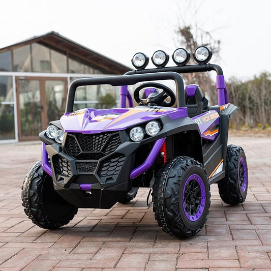 24V 2-Seater Kids Ride-On UTV, 4WD Electric Car with Parent Remote Control, 4x200W Motor, LED Headlights & Searchlights, Bluetooth Music, Spring Suspension, 3-Speed Off-Road Toy Gift, Purple