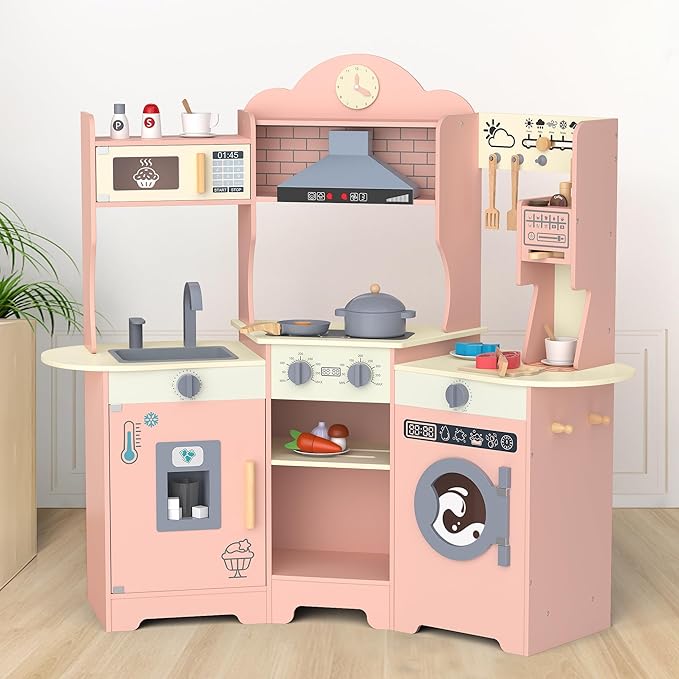 ANPABO Play Kitchen for Kids, Wooden Kids Kitchen Playset for Toddlers with Real Lights & Sounds, Pretend Play Toys with Coffee & Ice Maker, 30Pcs Toy Kitchen Accessories Gift for Boys & Girls